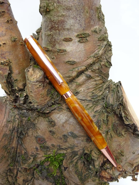 Slight Damage - Amber and Cream - Rose-Gold Hardware - Lathe Turned Acrylic Pen