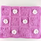 Hot pink crochet baby blanket with pale 24 pale pink glitter crotchet flowers
