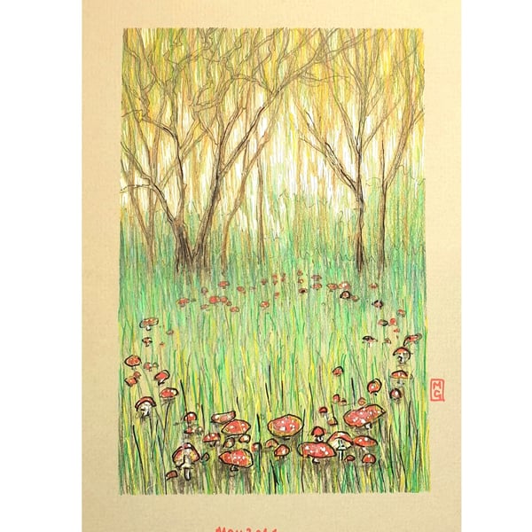 Woodland with Mushroom Fairy Ring original artwork, small wall art