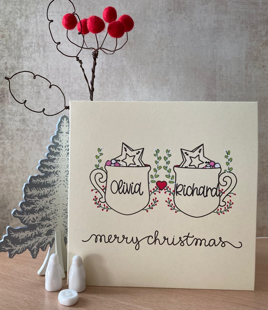 Personalised Christmas Card - hot chocolate mugs - card for couple - hand made