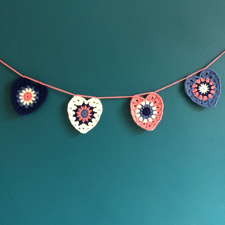 Crochet heart bunting - blue and pink