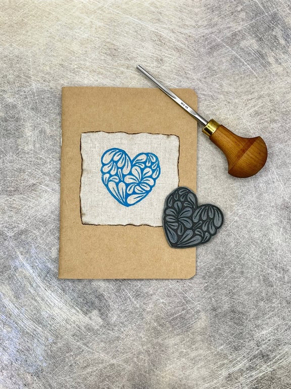 Small A6 Sketchbook with Original Lino Print - Heart on Fabric