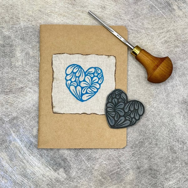 Small A6 Sketchbook with Original Lino Print - Heart on Fabric