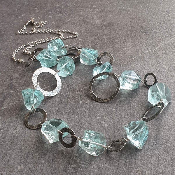 Long silver necklace with aqua glass, Statement jewellery, Circle necklace