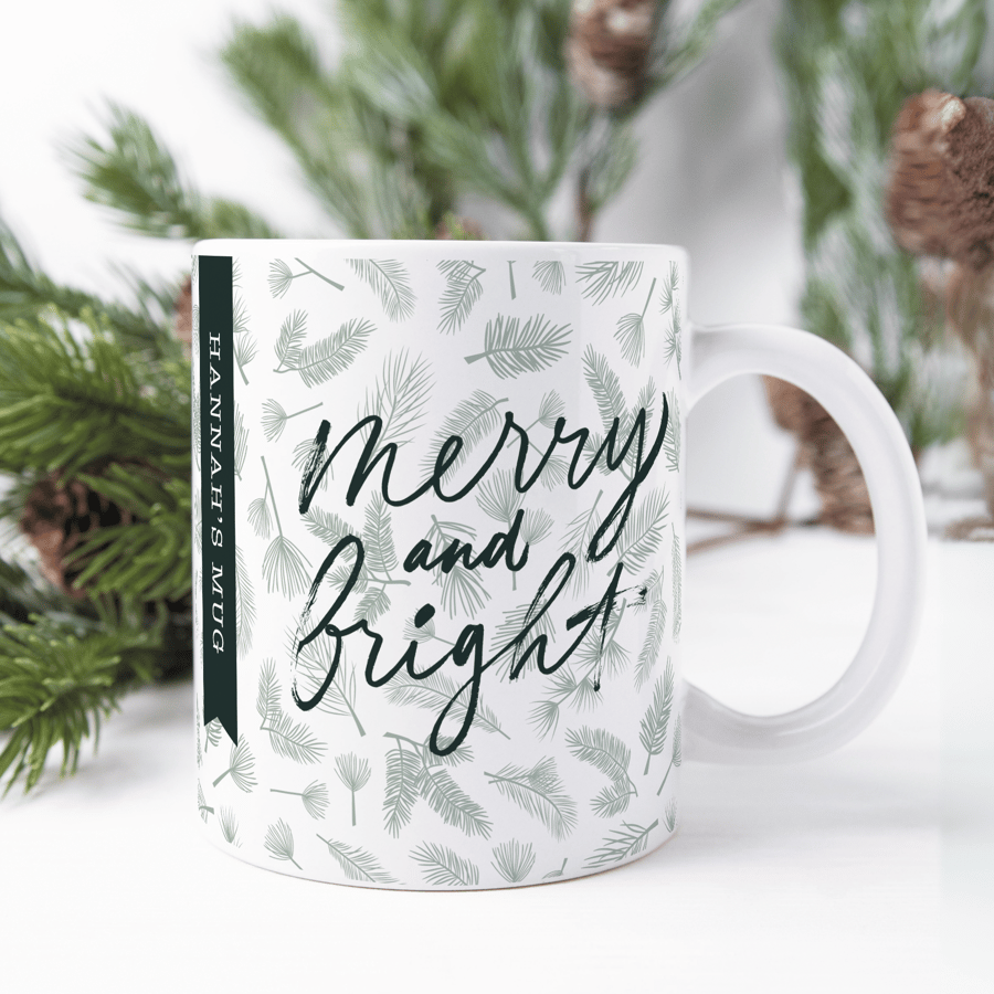 Personalised 'Merry & Bright' Christmas Mug - Festive Small Gift, Custom Name