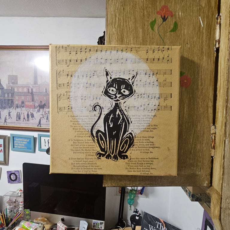 Whimsical Black Cat on Vintage Sheet Music – Mixed Media Art on Canvas