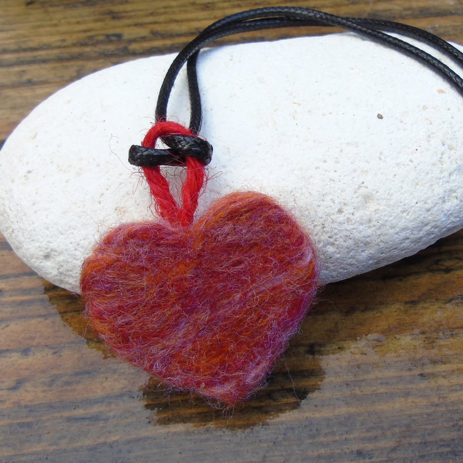 red marble effect needlefelt wool heart pendant, necklace, hanging