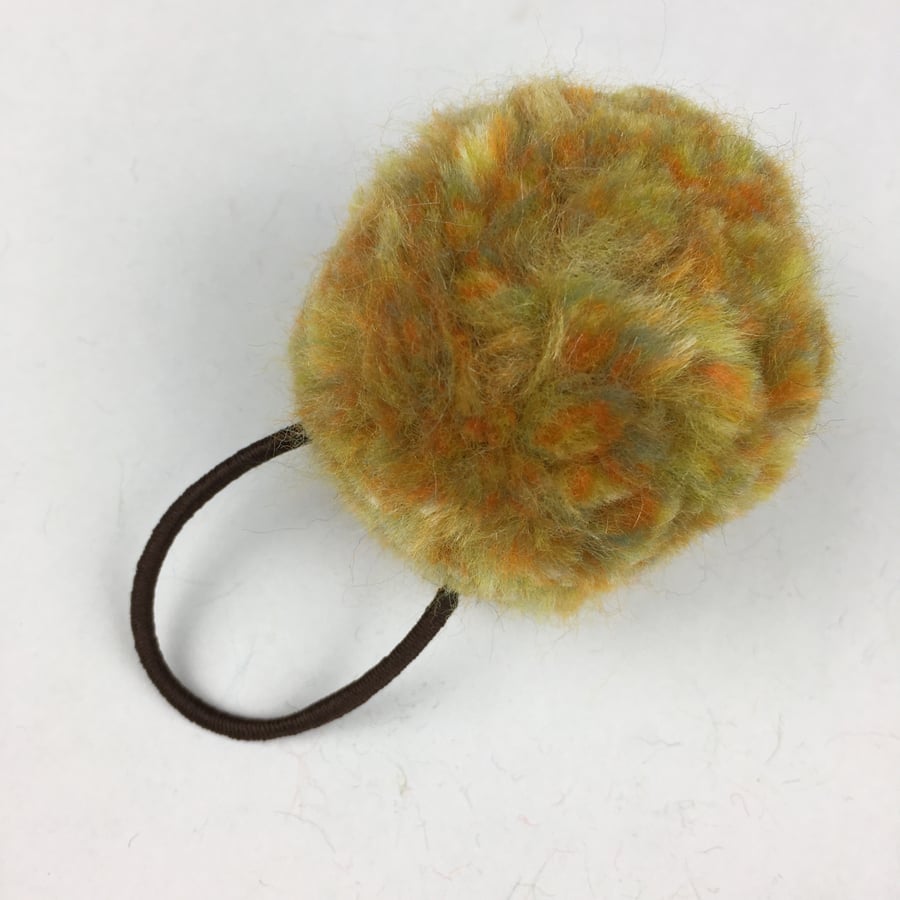 Hair tie, bobble with soft, fluffy pom pom in yellow merino wool
