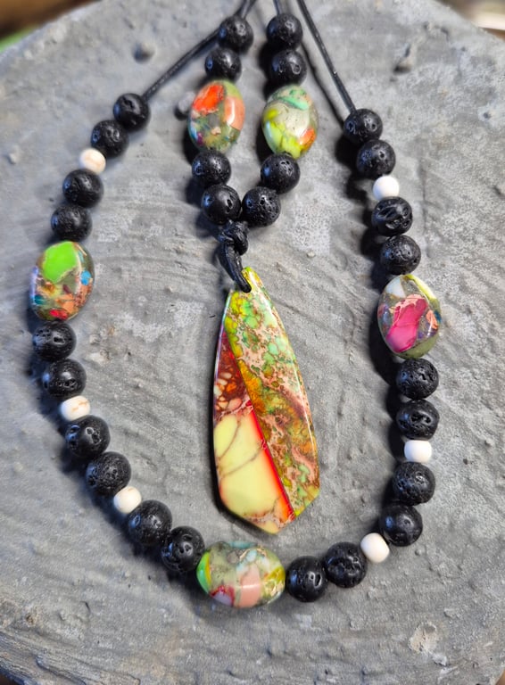 Rainbow Sea Sediment Jasper Inverted Triangle Pendant with matching bracelet 