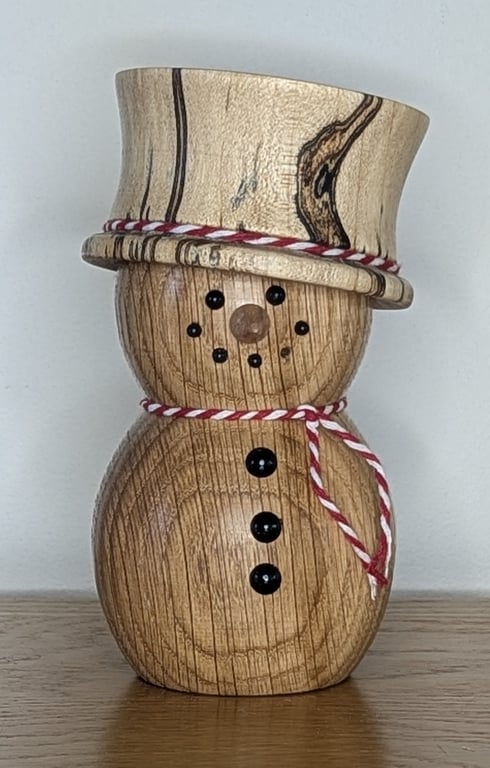 Handmade Oak & Spalted Maple Wooden Snowman, Christmas Decoration, Wood Turned