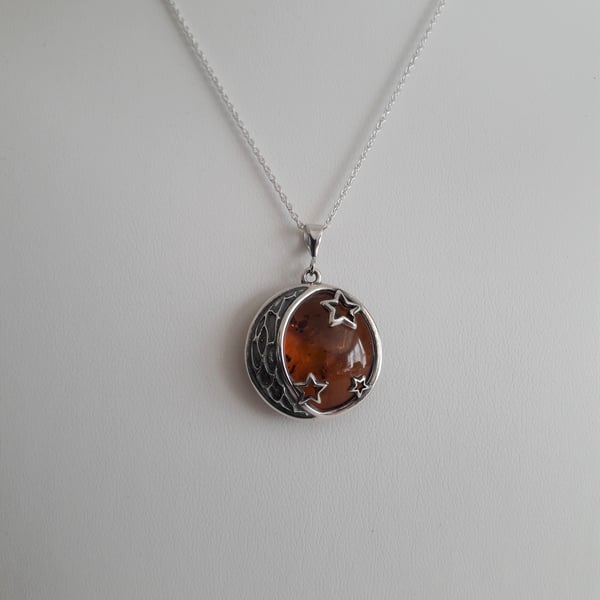 Amber Moon and Stars and Sterling Silver Necklace. Baltic Amber, Gift for Her