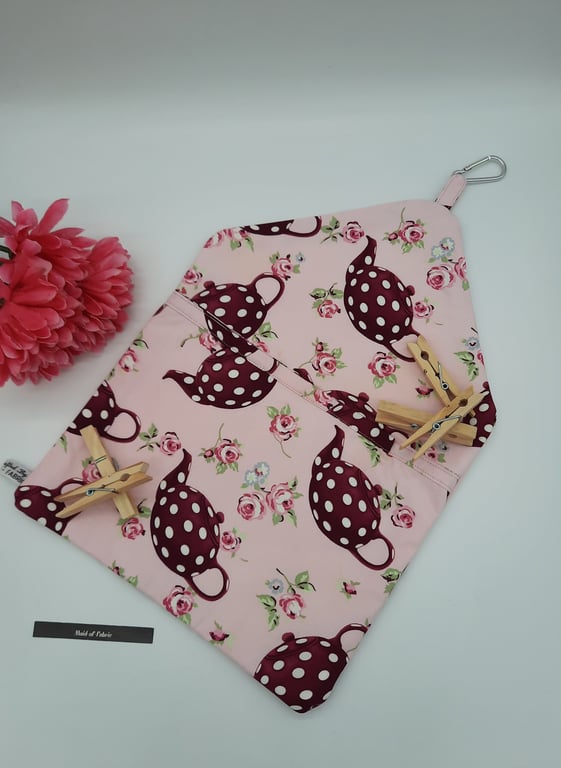 Peg bag, clip on tea pot fabric,  free uk delivery 
