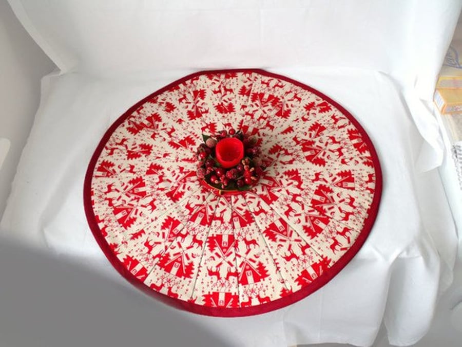 red scandi style patchwork christmas doily, quilted candle mat table decoration