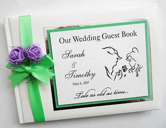 Beauty and the beast wedding guest book, turquoise and white 