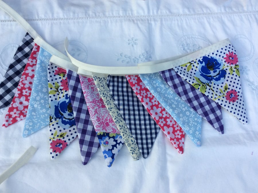 Pink and Navy Bunting - 12 small flags, spring decoration, bedrooms