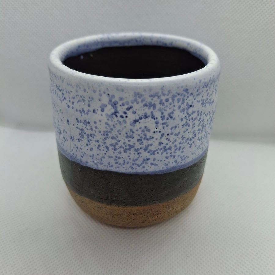 Blue and green speckled hand thrown pot 
