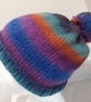 Handknit Bobble Hat 100% wool Blue Green Rust MED - Image 4