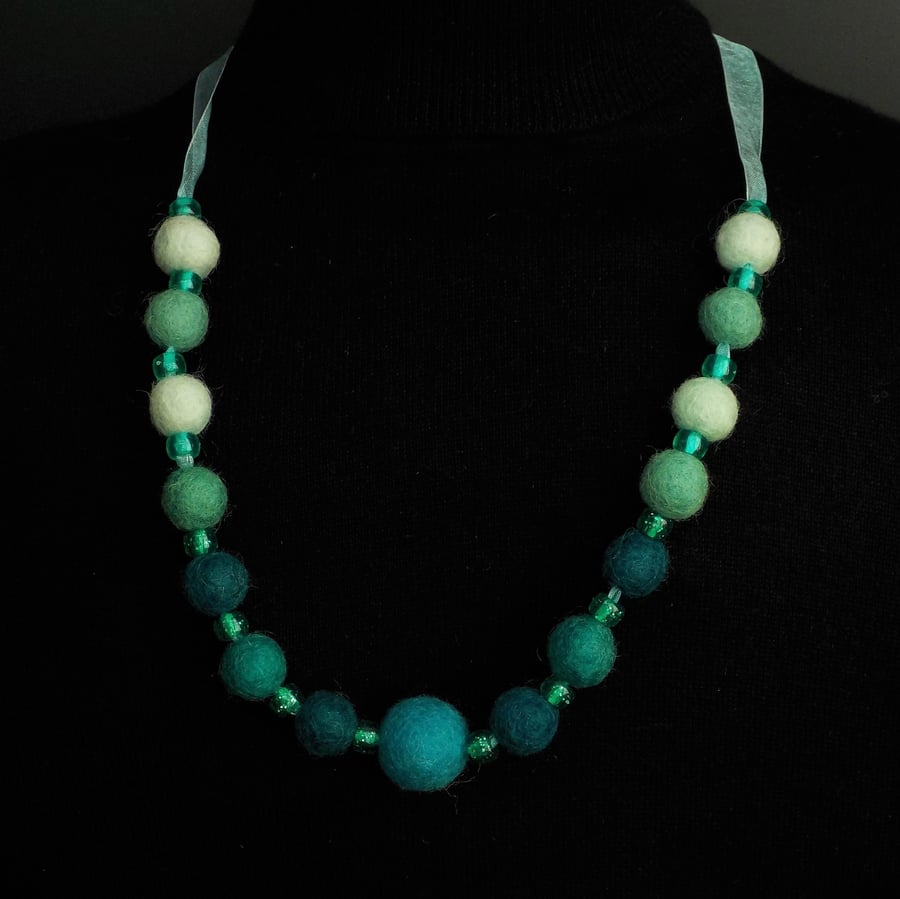 Handmade felt necklace teal sea green beads in gift box.