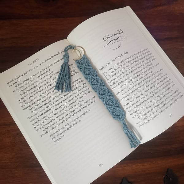 Crescent moon Bookmark, Handmade macrame boho inspired reading - duck egg blue