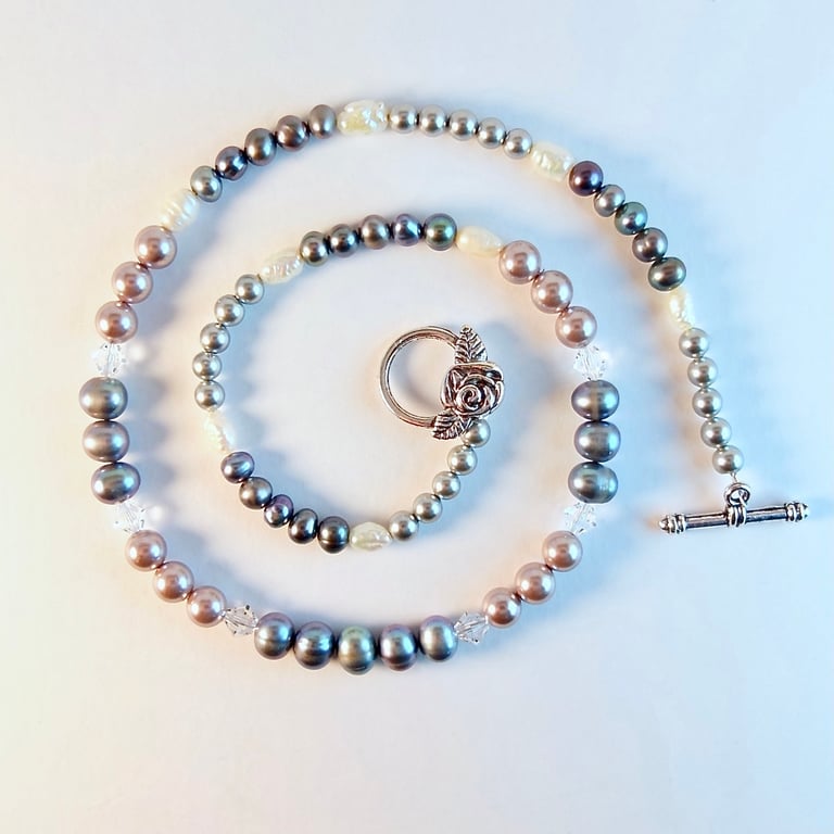 Freshwater Peacock Pearl, Lavender Shell Pearl And Swarovski Crystal Necklace.