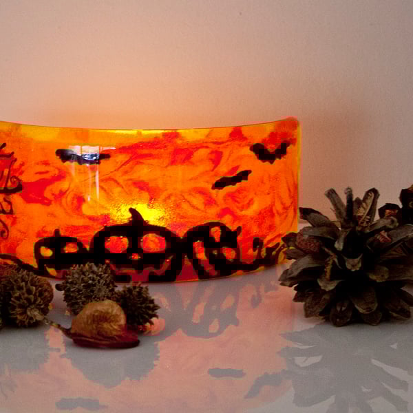Fused Glass Halloween Pumpkin Patch Curved Picture Decoration Ornament