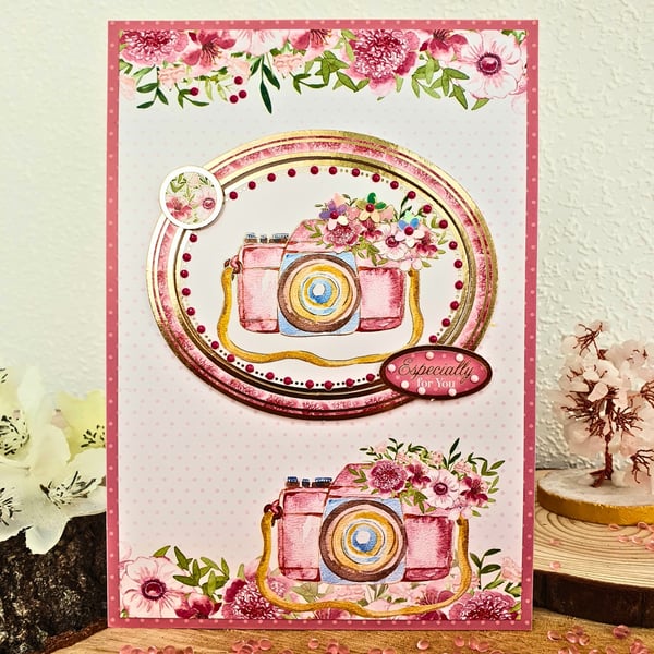 Especially For You Many Occasions Pink Floral Card Featuring A Camera 