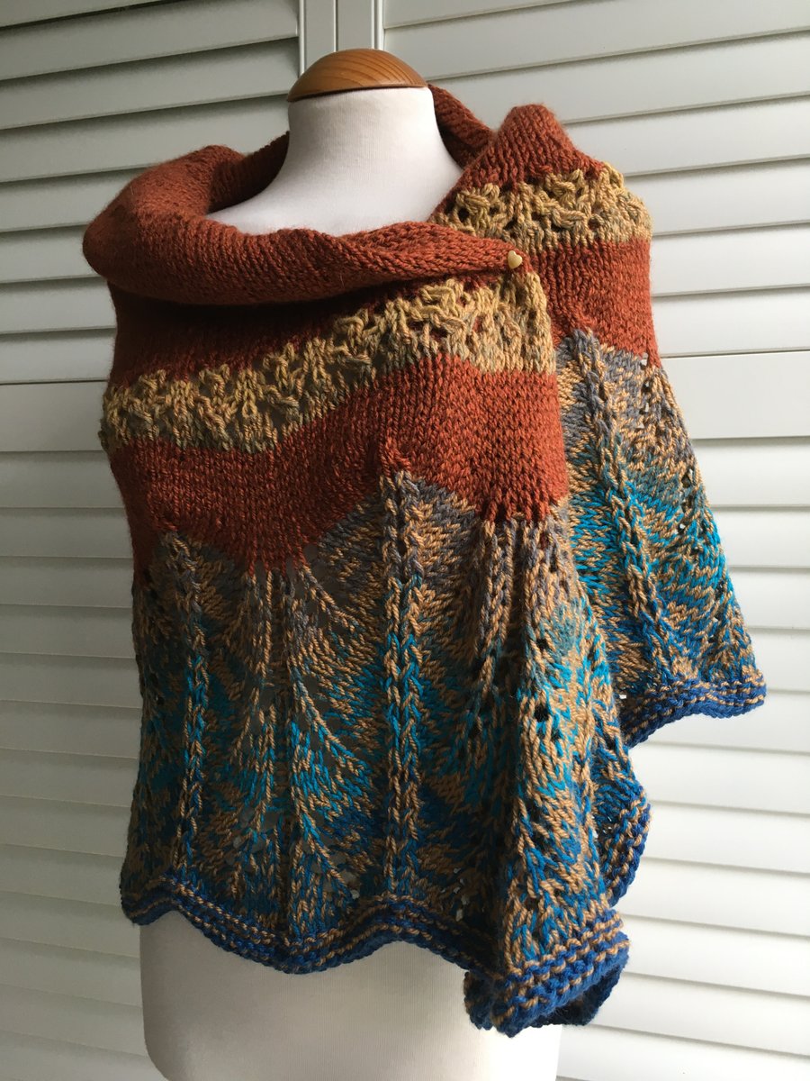 Unique Hand Knitted Crescent Lace Shawl in Blues and Browns