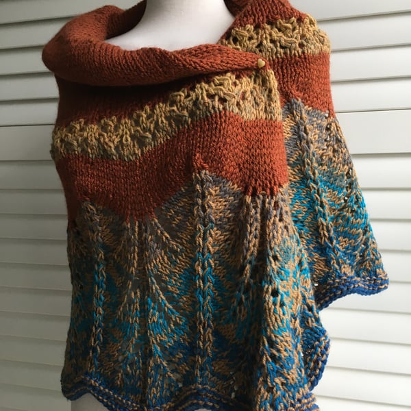 Unique Hand Knitted Crescent Lace Shawl in Blues and Browns