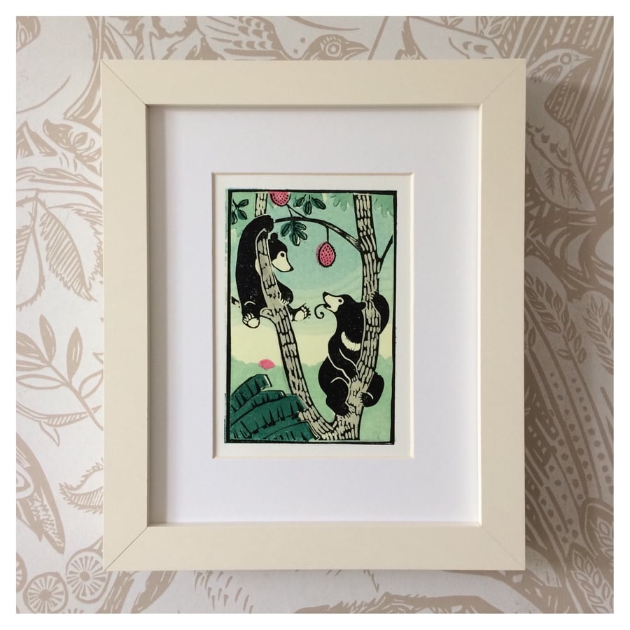 'Treetop Feast' Sun Bears Original Lino Print (Charity print)