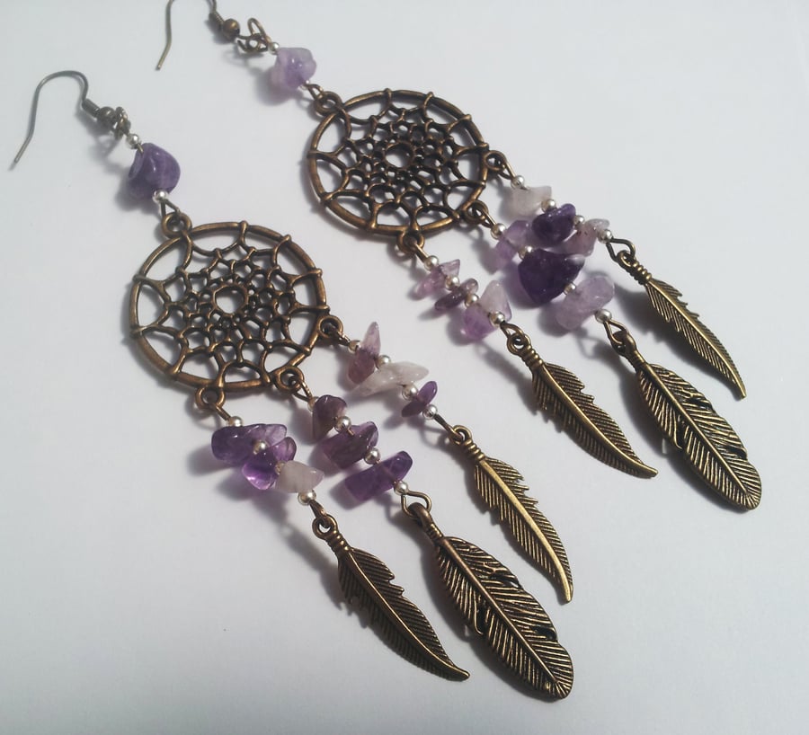 Purple Amethyst Dreamcatcher Bronze Dangling Earrings