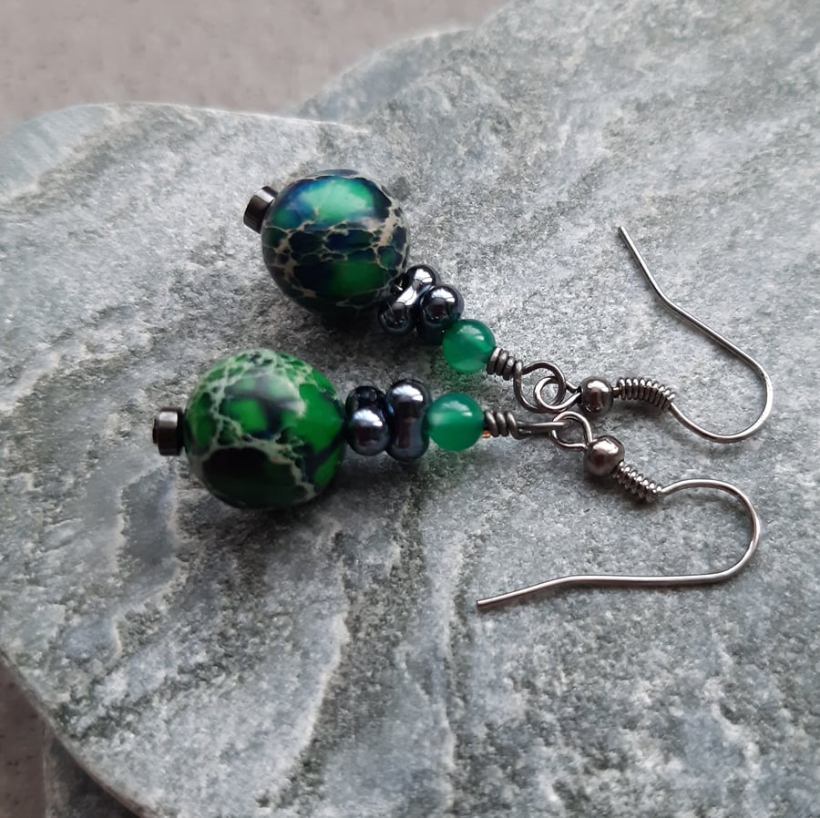 Variscite Green Agate Drop Black Tone Earrings