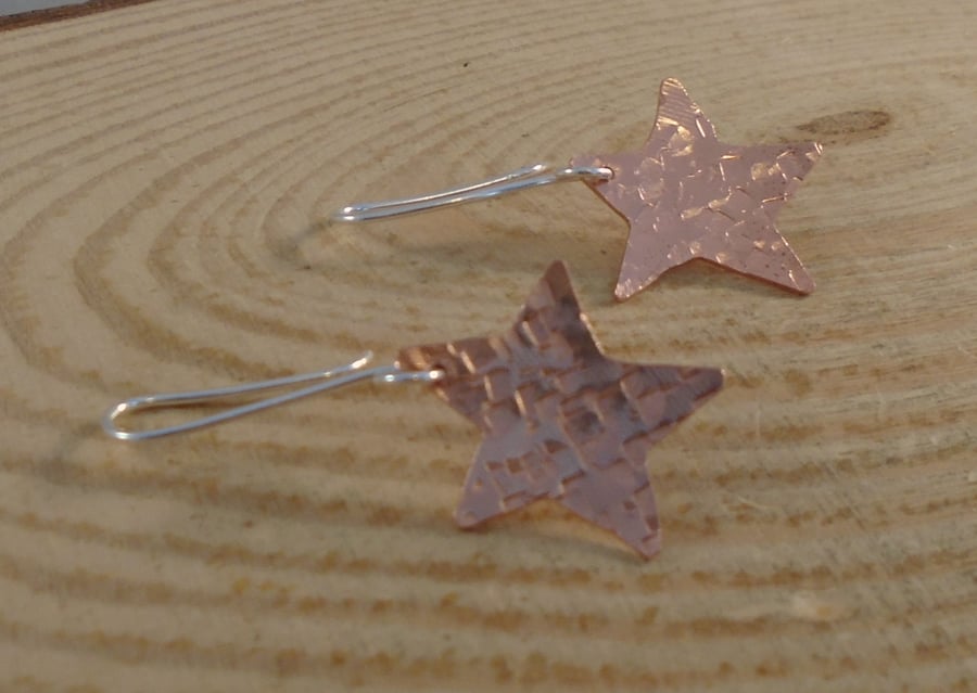 Sterling Silver and Copper Hammered Star Earrings