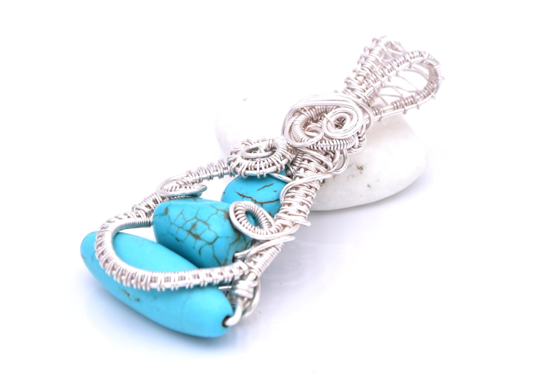 Three beaded turquoise pendant; wire weaved pendant