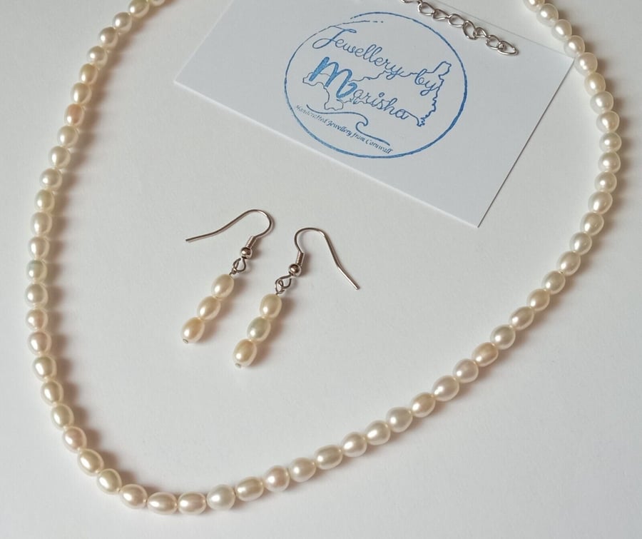 Cream Genuine Freshwater Rice Pearl Handmade Necklace & Earrings Gift Set