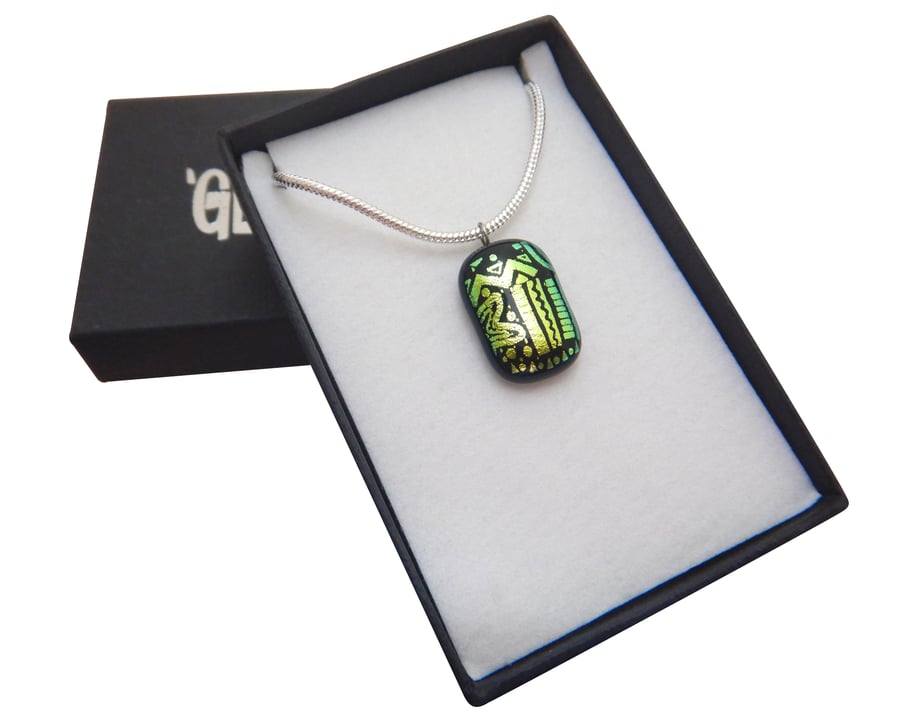 Fused Glass 'Green Aztec' Pendant Necklace
