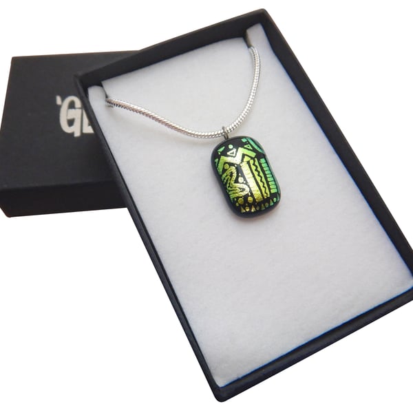 Fused Glass 'Green Aztec' Pendant Necklace