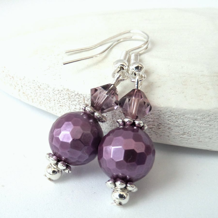 Purple - raspberry shell pearl earrings with Crystal elements by Swarovski®