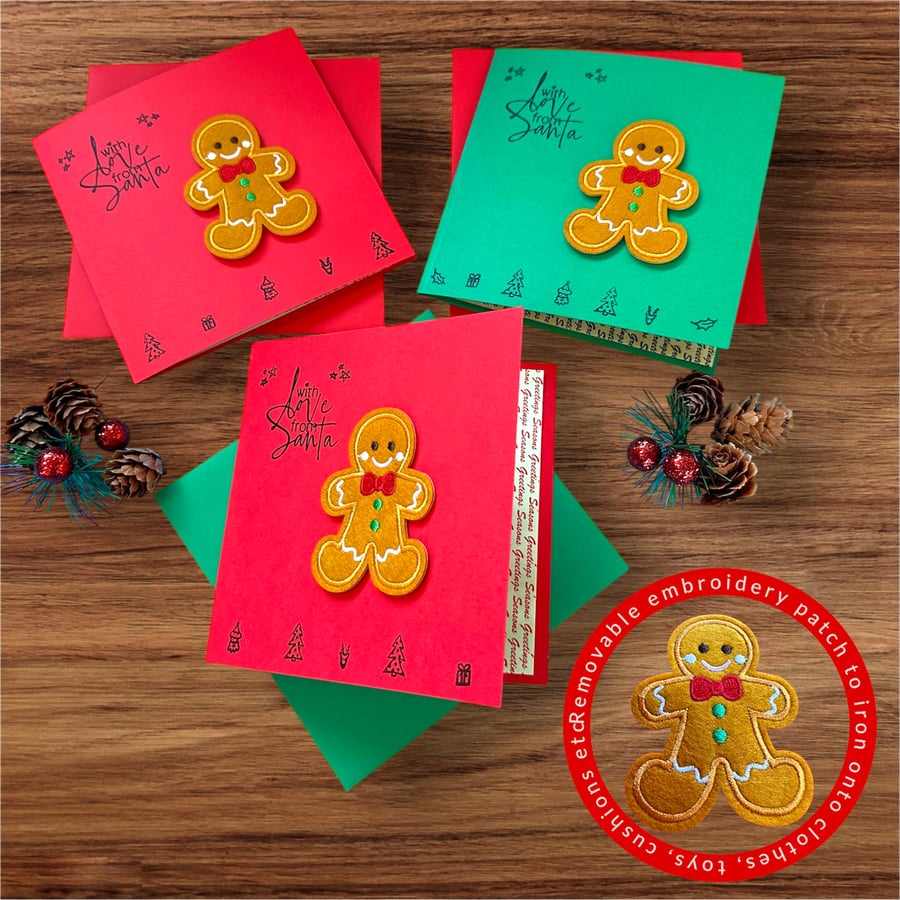 Gingerbread men Christmas cards with detachable iron on patch, fancy insert