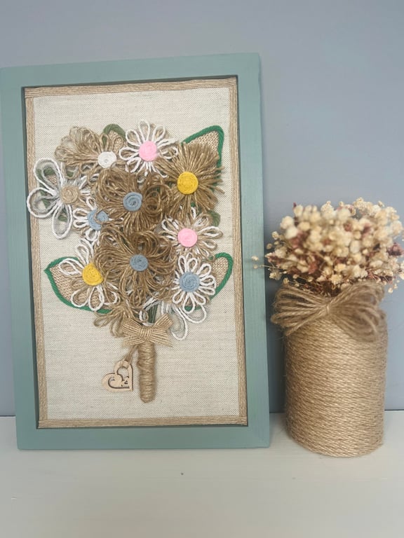 Rustic Twine Flower Bouquet in Sage Frame – Handmade Mother’s Day Gift – Cottage