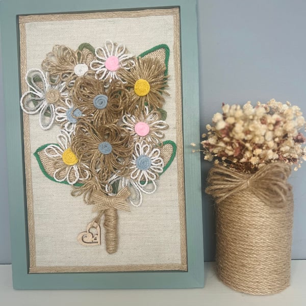 Rustic Twine Flower Bouquet in Sage Frame – Handmade Mother’s Day Gift – Cottage