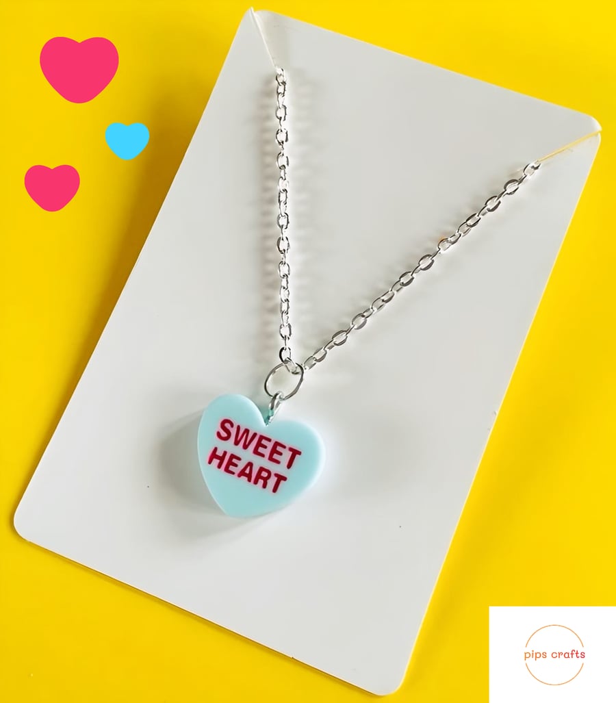 Retro Style Blue Love Heart Sweets Necklace - Fun Quirky Handmade Jewellery