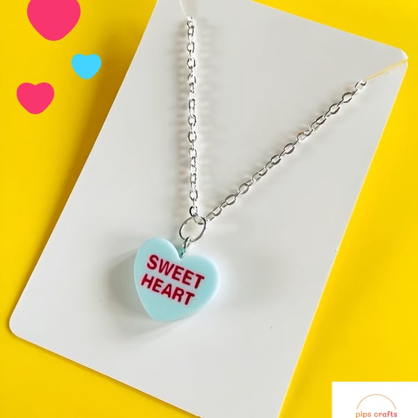 Retro Style Blue Love Heart Sweets Necklace - Fun Quirky Handmade Jewellery