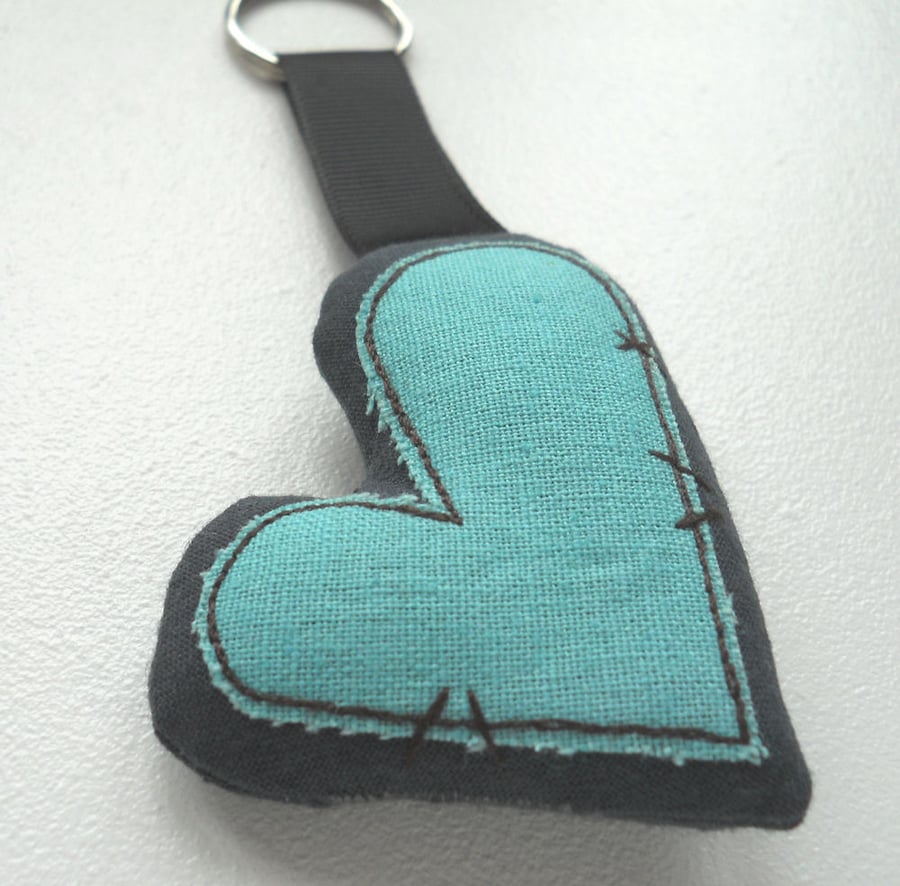 applique embroidered heart keyring key fob hanging decoration AQUA GREEN LINEN