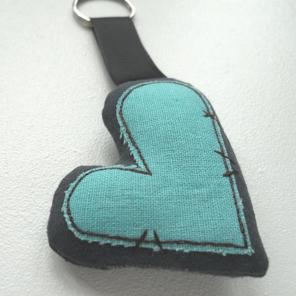 applique embroidered heart keyring key fob hanging decoration AQUA GREEN LINEN