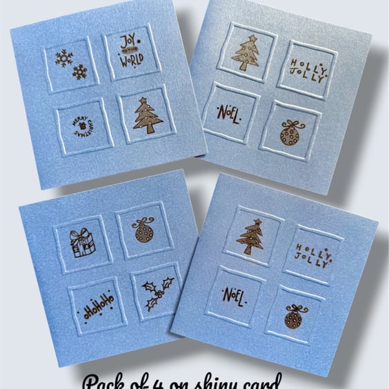  Pack of 4 Christmas Cards on shiny card with festive printed decor, artisan