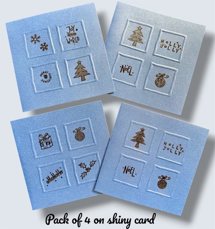  Pack of 4 Christmas Cards on shiny card with festive printed decor, artisan
