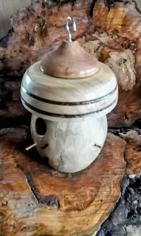 Handturned Bird Nest box with natural wood finish. 