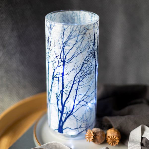 Large Branch Cyanotype Blue & White Cylinder Vase, Christmas gift