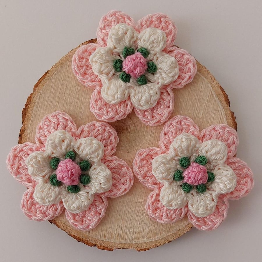 3x Pink Crochet Flowers