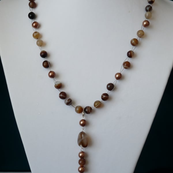 Multi Coloured Agate & Shell Pearl Necklace  - Sterling Silver - Handmade 